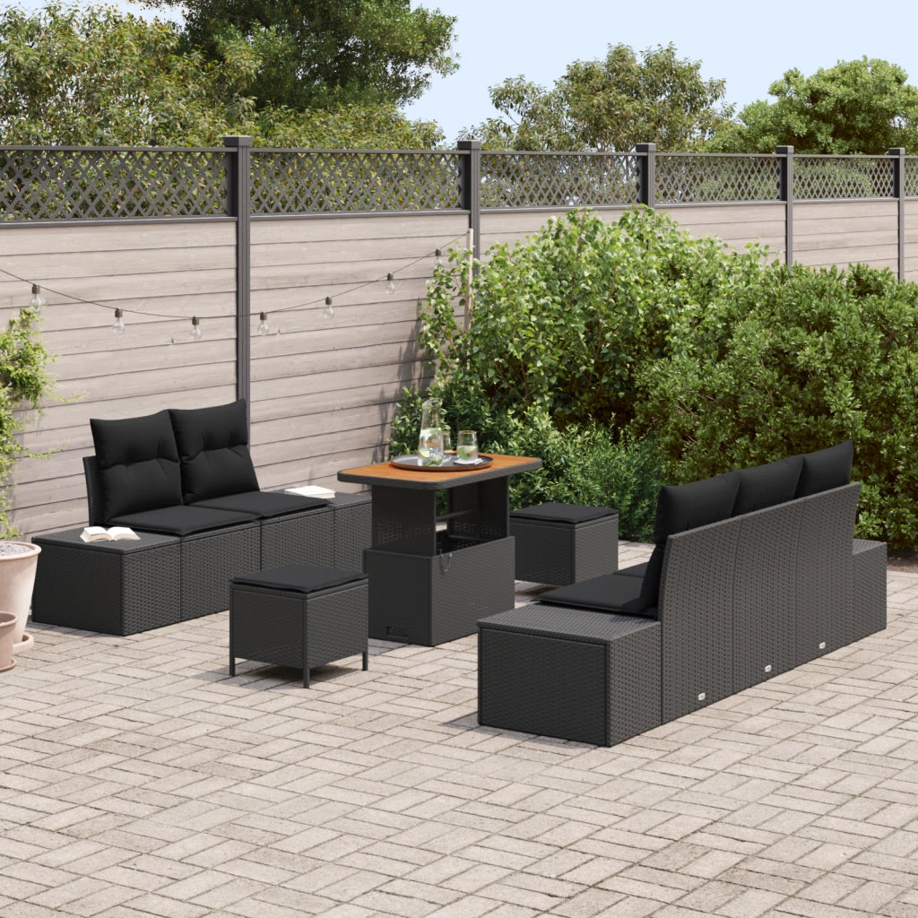 Set di divani da giardino 8 pezzi con cuscini nero polirattan acacia