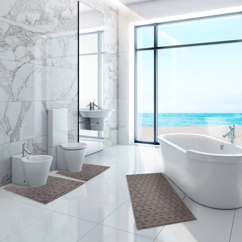 Tappeto Bagno Morbido Assorbente Antiscivolo 3D Intrecciato Lavabile Set 3 Pezzi Marrone