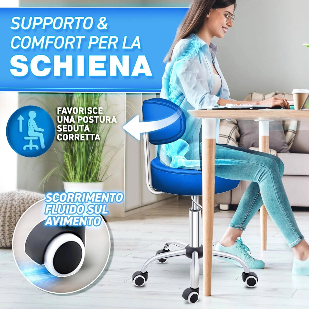 Sgabello con ruote con schienale blu, altezza regolabile da 46 a 58 cm, con ruote, sgabello girevole per cosmetici