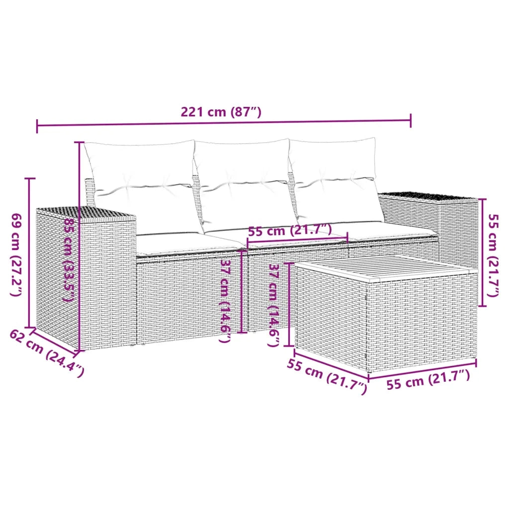 Set Divano da Giardino 4 pz con Cuscini Beige in Polyrattan