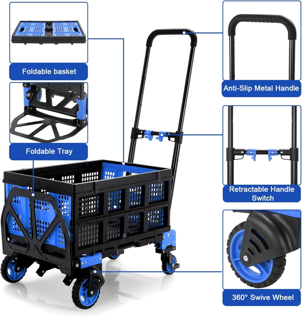 Carrello 2-in-1 con con Grande Scatola Pieghevole, Carrello a Piattaforma max. 150 kg, 2 Elastici con Gancio, Regolabile in Altezza a 3 Livelli, per Trasporto, Shopping, Campeggio, Trasloco (Blu)