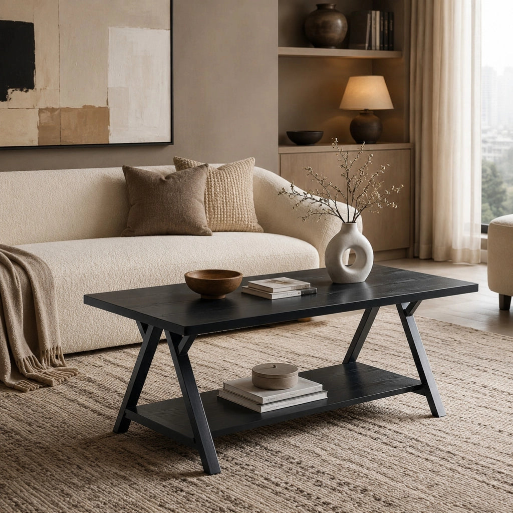 Tavolino da caffè industriale con ripiano; MDF e metallo nero; 110x57x44;5 cm