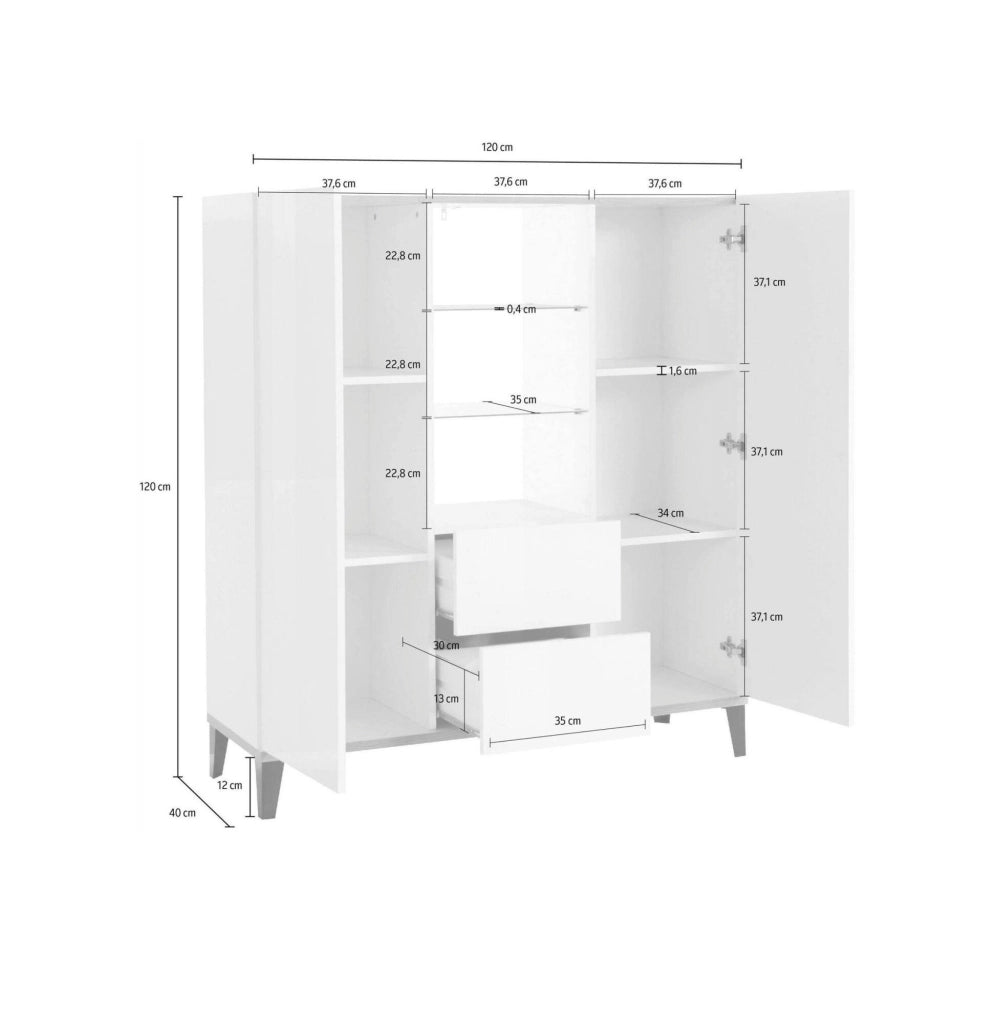 Credenza moderna a 2 ante e 2 Scirocco, Made in Italy, Madia con ripiani, Buffet di design da ingresso, Cm 120x40h133, Bianco lucido e Ardesia