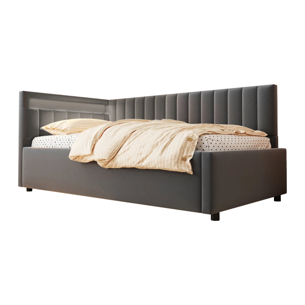 Letto imbottito 90x200 - Zephmum - LED, stoccaggio idraulico, design a strisce verticali, testiera regolabile, velluto, grigio