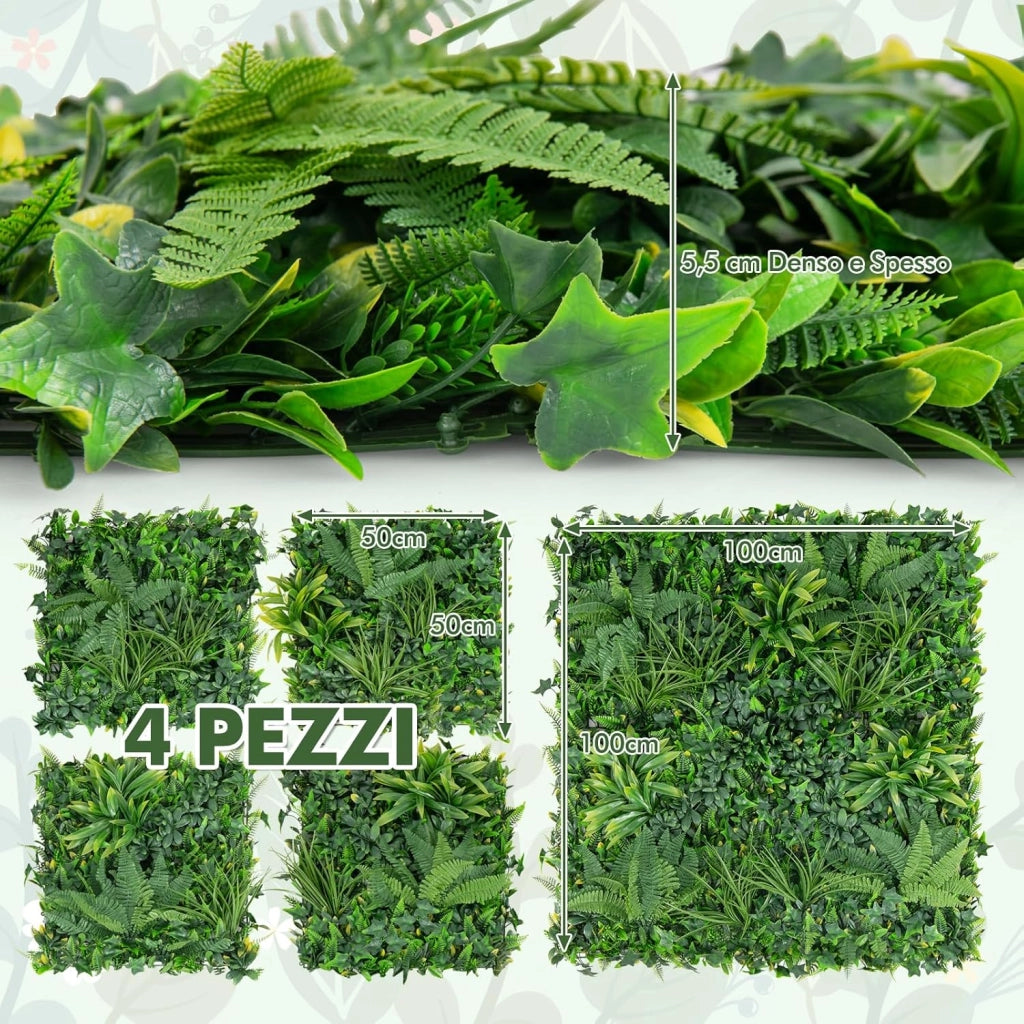 Pianta Finta 50 x 50 cm 4 Pezzi, Piante Artificiali da Interno ed Esterno, 4 Tappetini Erbosi Finti con Foglie Diverse per Decorazione da Giardino e Salotto