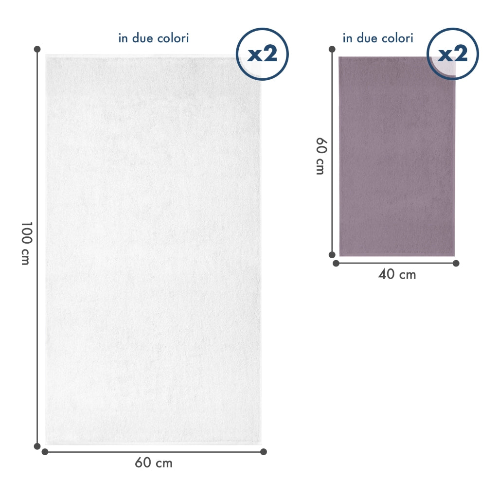 Asciugamani Bagno 100% Spugna Puro Cotone 500 Gr 4 Pezzi 2 Salvietta Viso 2 Asciugamano Ospite Mani Qualità Certificato Oeko-Tex Salviette Super Morbide Bicolore Bianco/Prugna