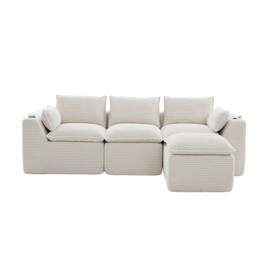 Divano modulare in velluto a coste beige con pouf e tasche laterali HAVRYA