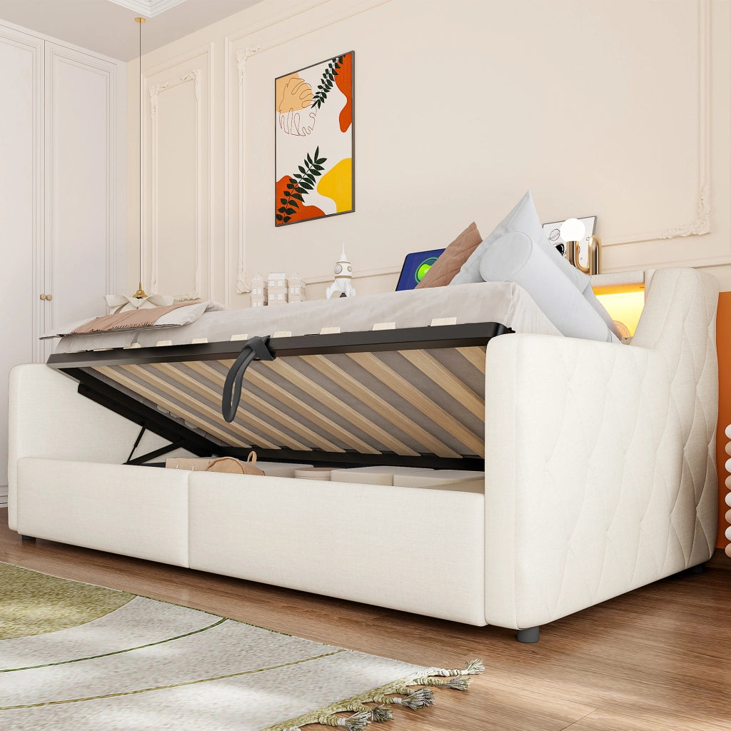 LETTO 90x200 cm con LED e contenitore idraulico, lino beige, USB e Tipo C