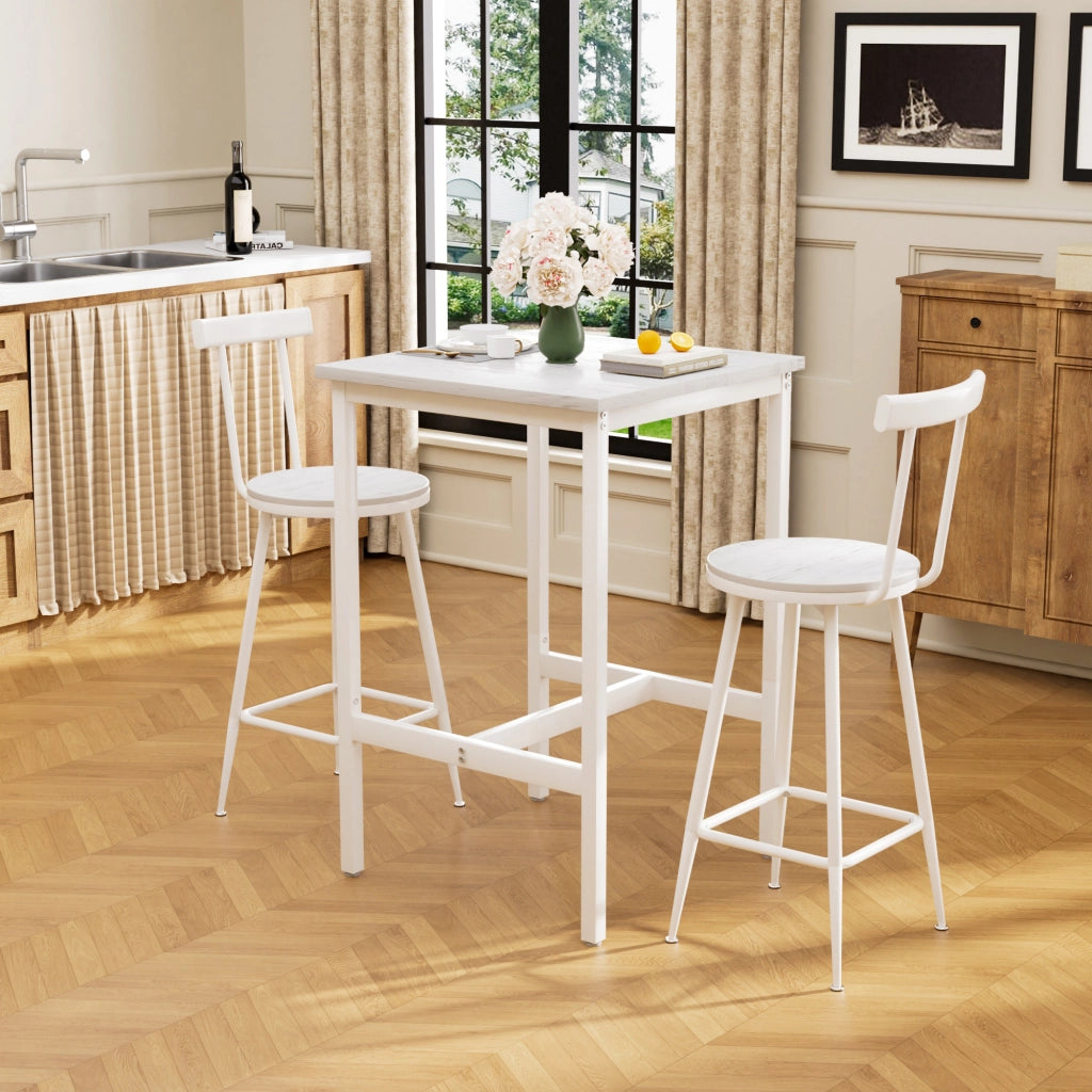 Tavolo da bar con 2 sgabelli con schienale e anello di rinforzo, per cucina e soggiorno, bianco, 60 × 60 × 92 cm
