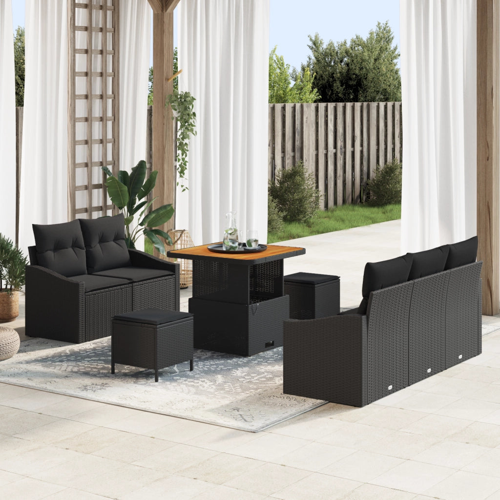 Set Divano Giardino 8 Pezzi con Cuscini Nero Polyrattan Acacia