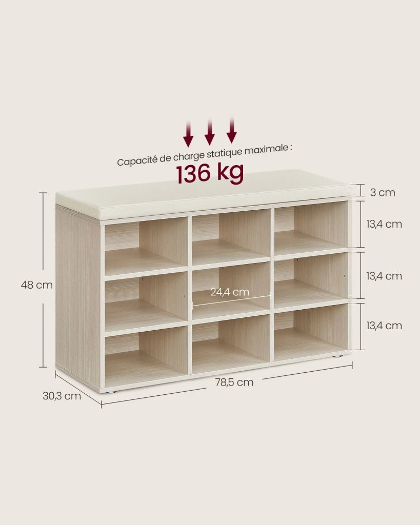Panca portascarpe da ingresso con seduta scarpiera 303 x 785 x 48 cm con cuscino e 9 scomparti ripiani regolabili per ingresso soggiorno beige 12_0004094