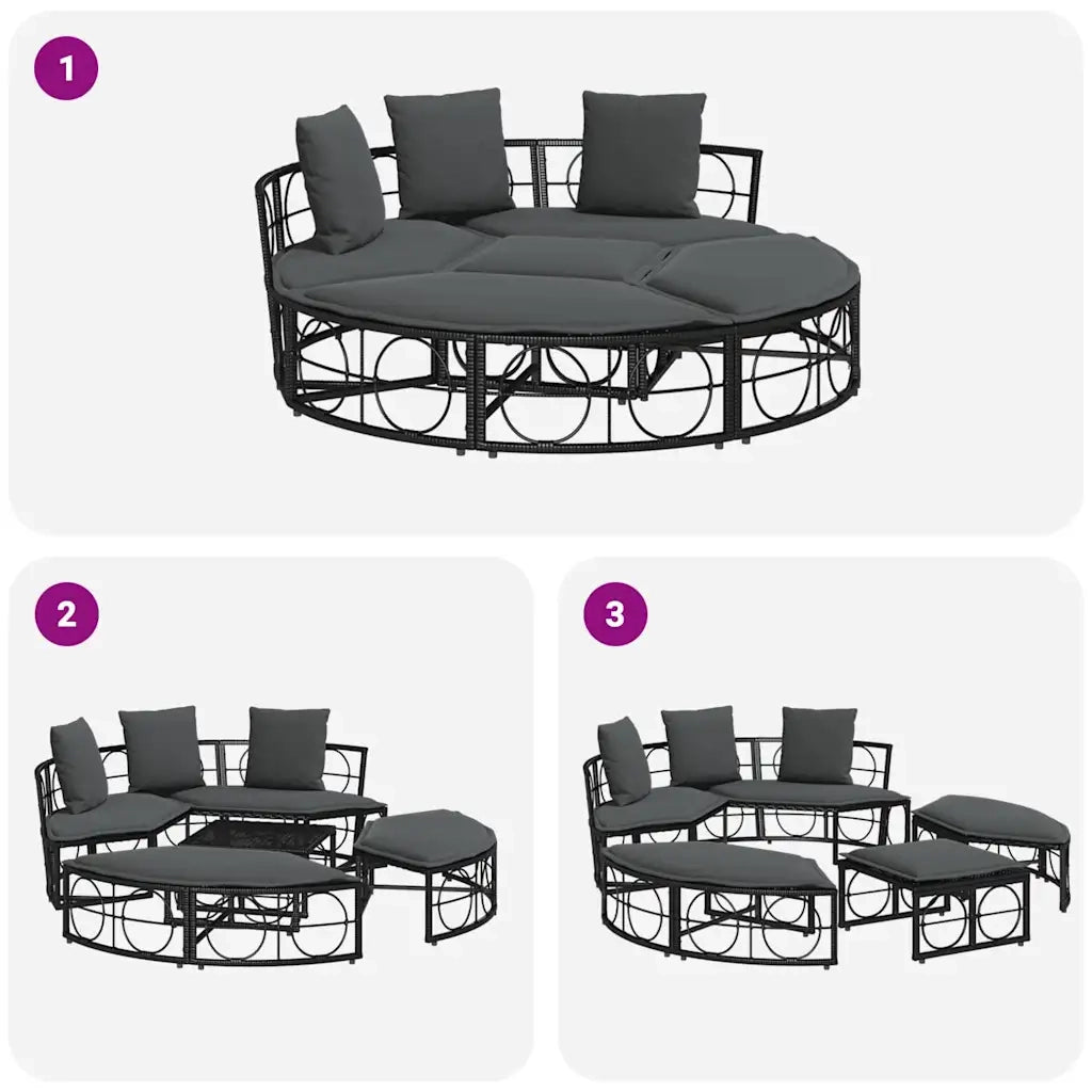 Lettino Prendisole Esterno senza Tetto Nero in Polyrattan 4108236