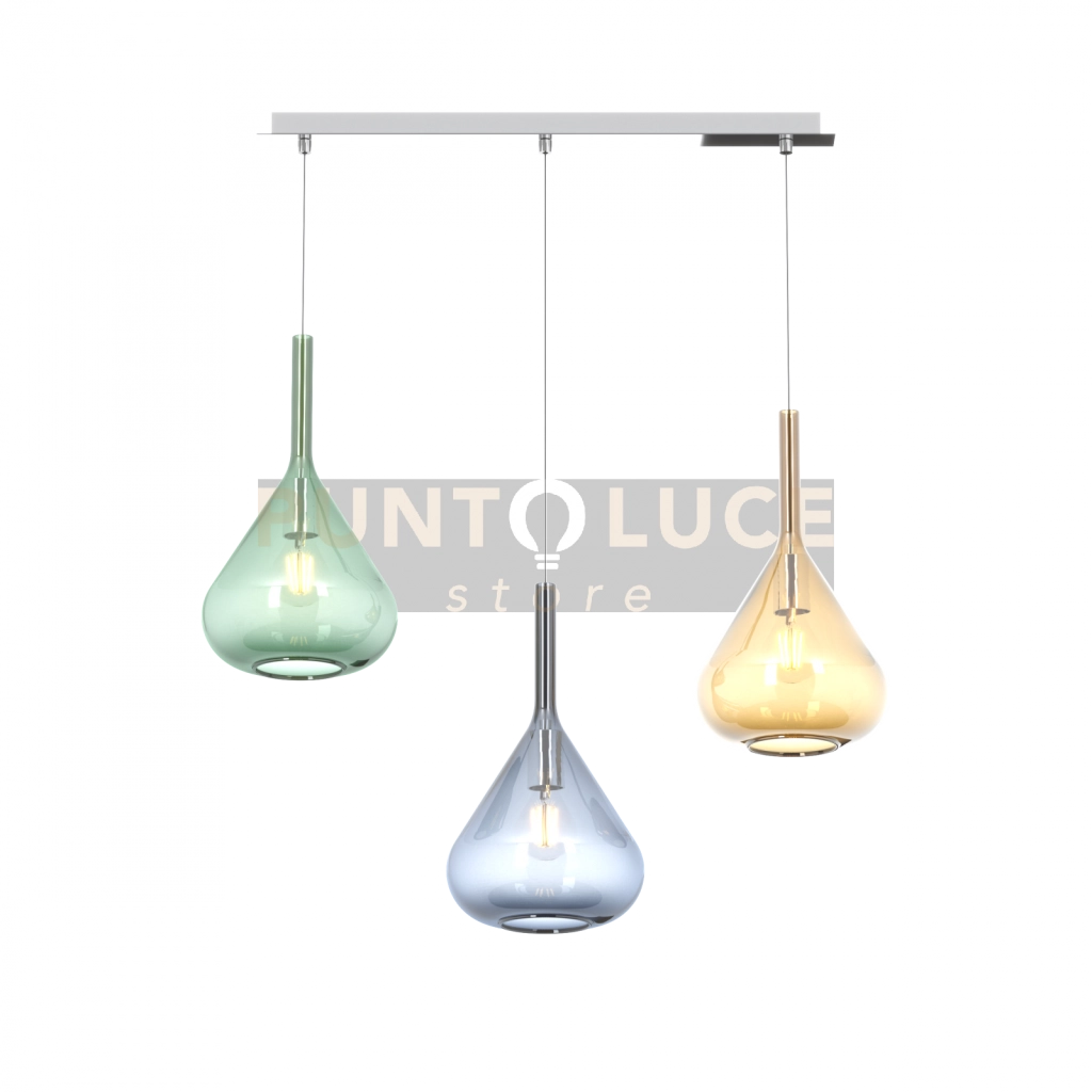 SOSPENSIONE CROMO 3 LUCI RETTANGOLARE VETRI AM + VE + BL 1177CR-S3 R-MC
