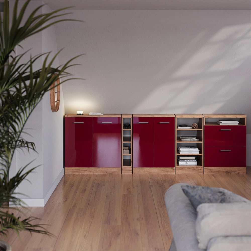 Set di mobili sottotetto Rion Rosso lucido/Rovere dorato 210 cm Set di 5 carcasse armadio profondità 60 cm Vicco