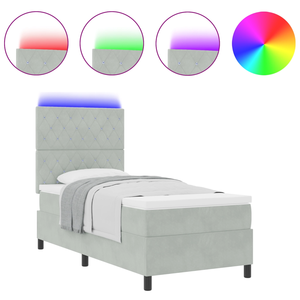 Letto Box Spring con Materasso e Luce LED Grigio Chiaro 100x200 cm Velluto