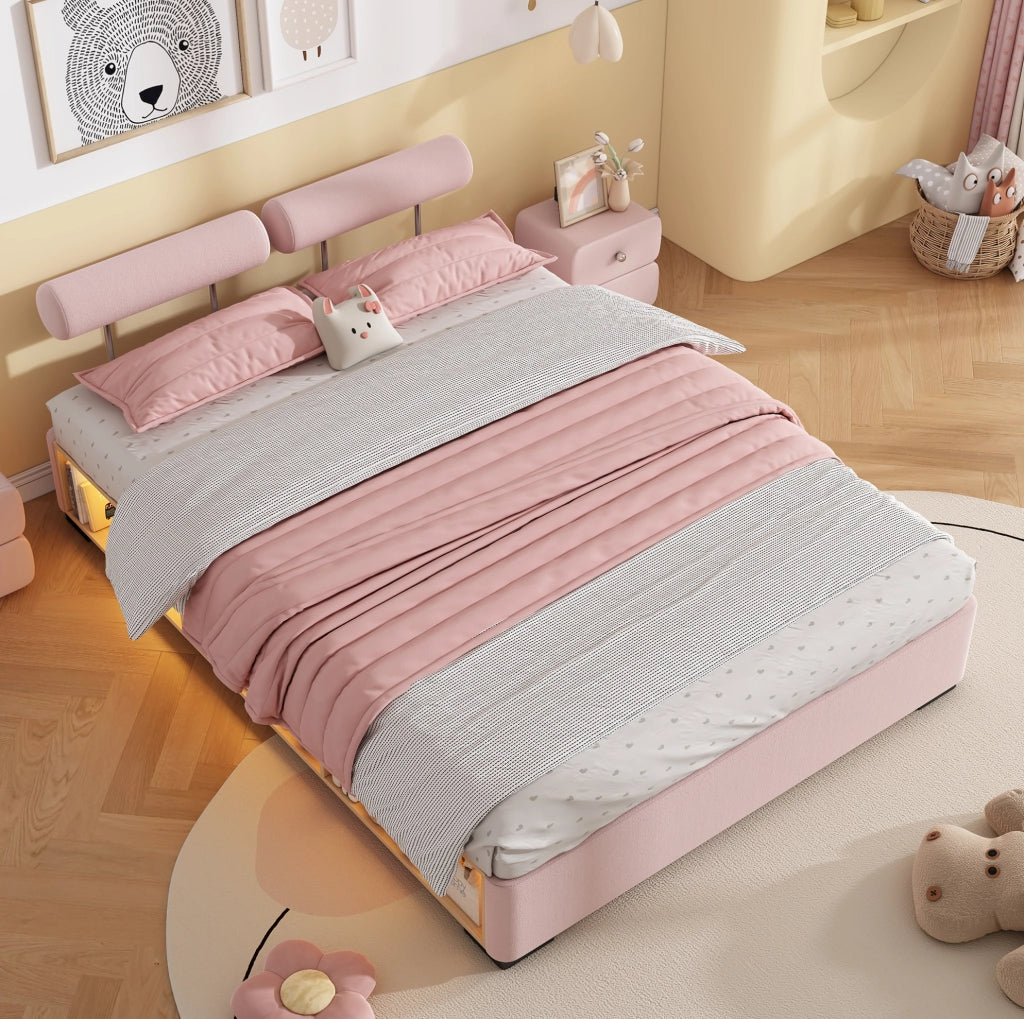 Letto imbottito per bambini rosa 140x200 cm con LED e ripiano