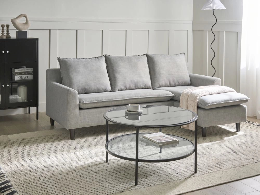 Divano ad angolo Rivestimento in tessuto grigio chiaro Gambe in legno scuro Chaise longue a 3 posti a versione sinistra Cuscino schienale