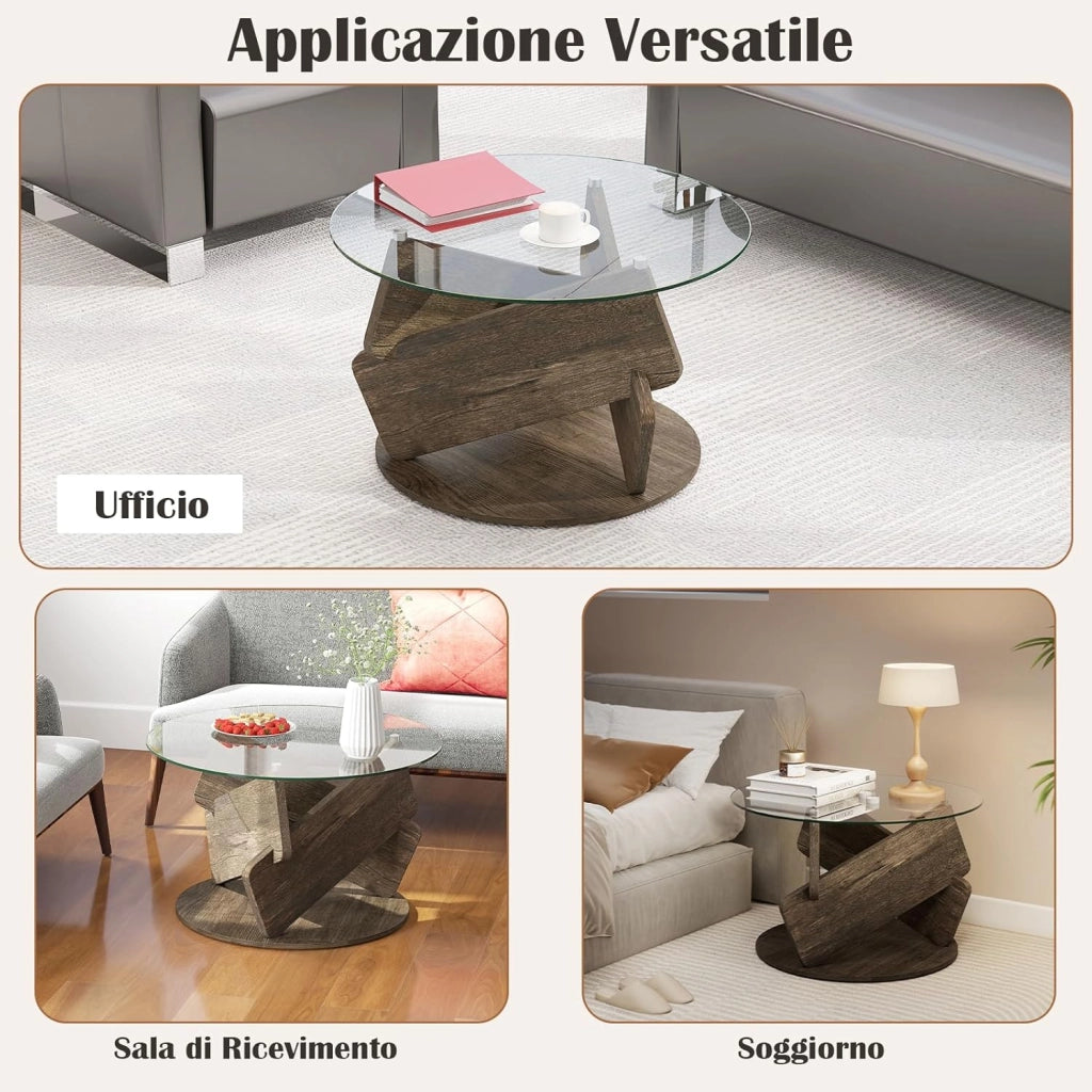 Tavolino da Salotto Rotondo con Piano in Vetro Temperato, Tavolo Basso da Caffè con Base in Legno e Piedini Antiscivolo, Tavolino Moderno per Soggiorno, Ufficio, Camera da Letto