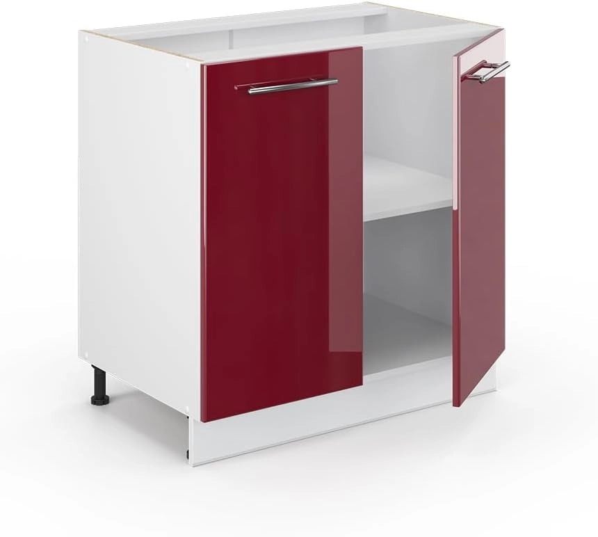 Mobile lavello cucina Fame-Line, Rosso bordeaux lucido, 80 cm con ripiano, PL Antracite, per la combinazione con altri moduli della serie Fame-Line