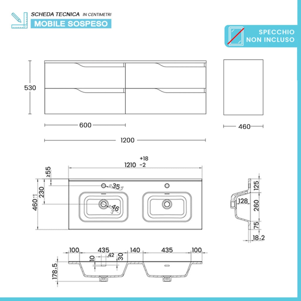 Mobile bagno sospeso 120 cm quercia e bianco due cassetti e doppia vasca Sumya