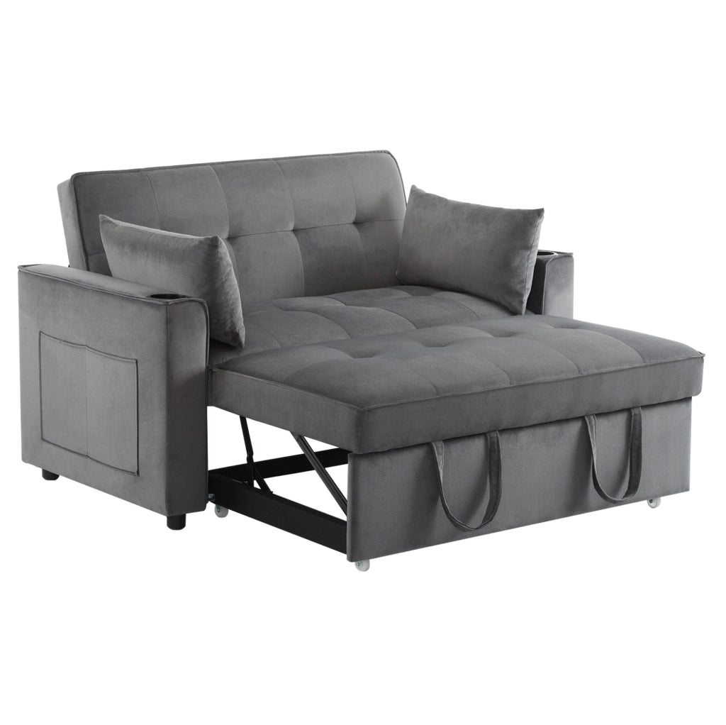 Divano letto 3 in 1 in velluto grigio 137x76;5x83 cm; con 2 cuscini e portabicchieri