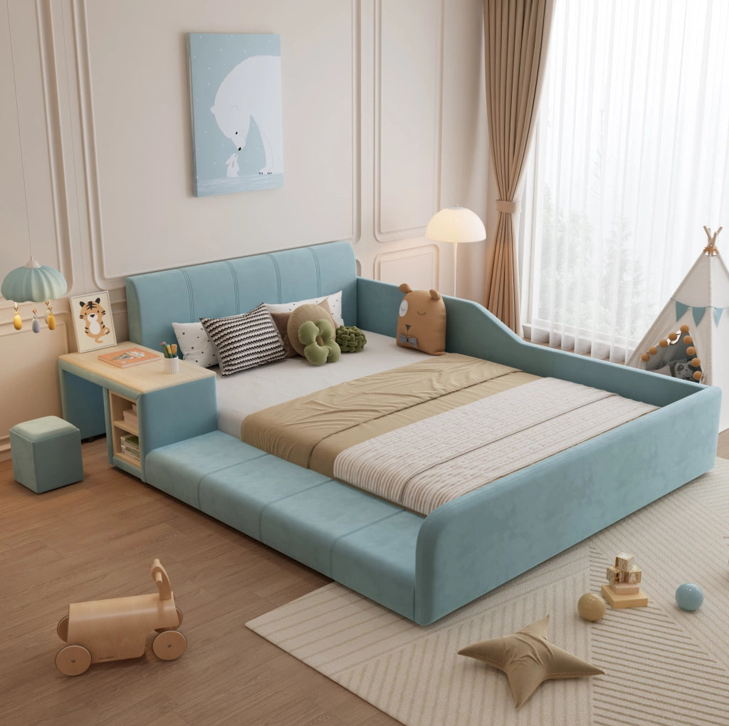Letto imbottito 140x200 cm con scrivania laterale e sgabello blu