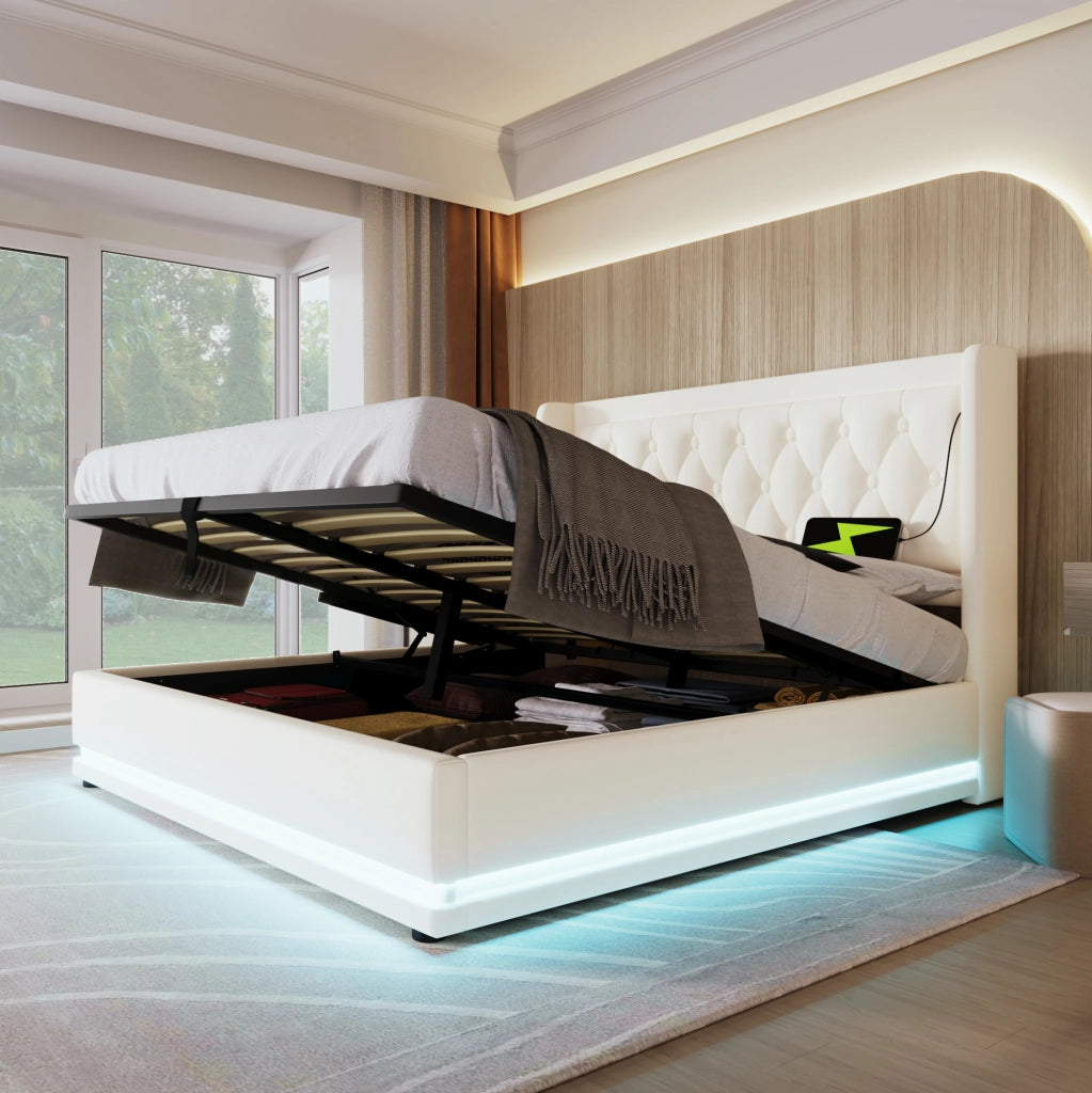 Letto matrimoniale contenitore 180x200 cm in PU bianco con testiera imbottita; USB Type-C e LED