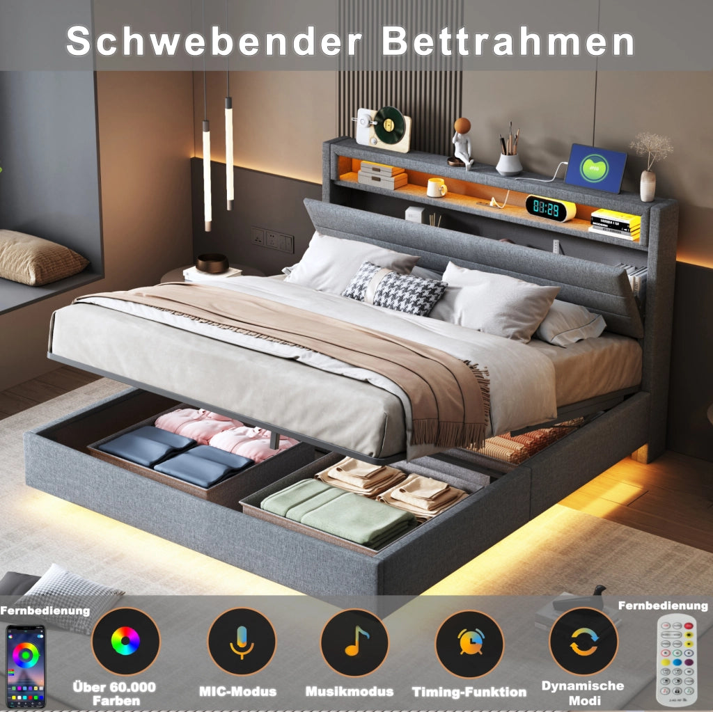 Letto imbottito 140x200 cm con contenitore idraulico, LED e USB