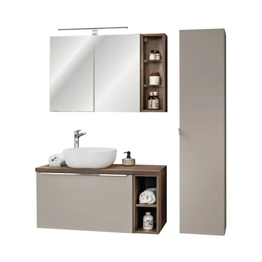 Set VANTA taupe: mobile sotto lavabo 100cm + lavabo da appoggio + mobili per il contenimento + specchio + LED