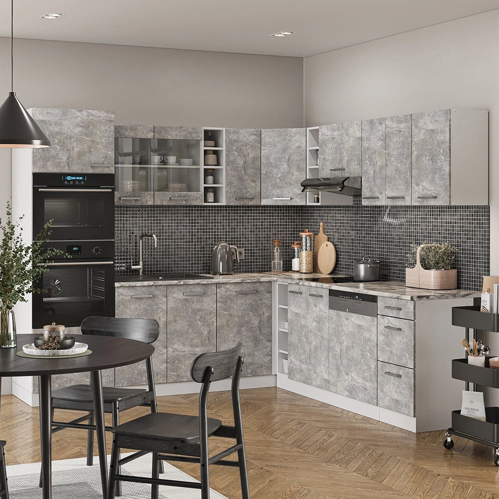 Cucina angolare completa R-Line Calcestruzzo/Bianco 247 x 237 cm, PL Marmo Vicco