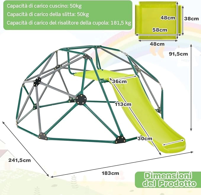 Cupola di Arrampicata, Struttura per Arrampicata con Scivolo, Capacità di Carico di 180 KG, per Bambini da 3 a 10 Anni, Ideale per Palestra, Cortile e Giardino (Stile 2 Verde Scuro)