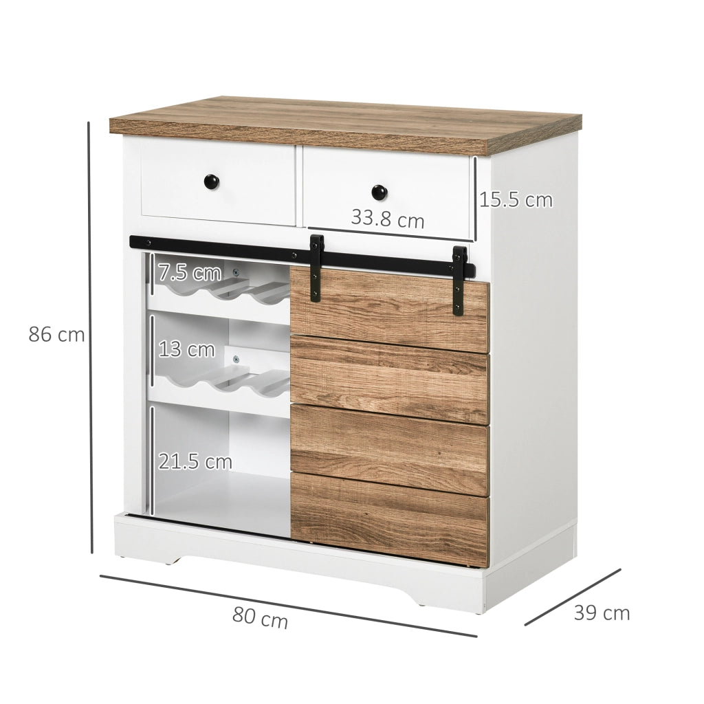 Mobile da Cucina Rustico con 2 Cassetti, Ripiani Aperti e Portabottiglie, in Legno e Metallo, 80x39x86 cm