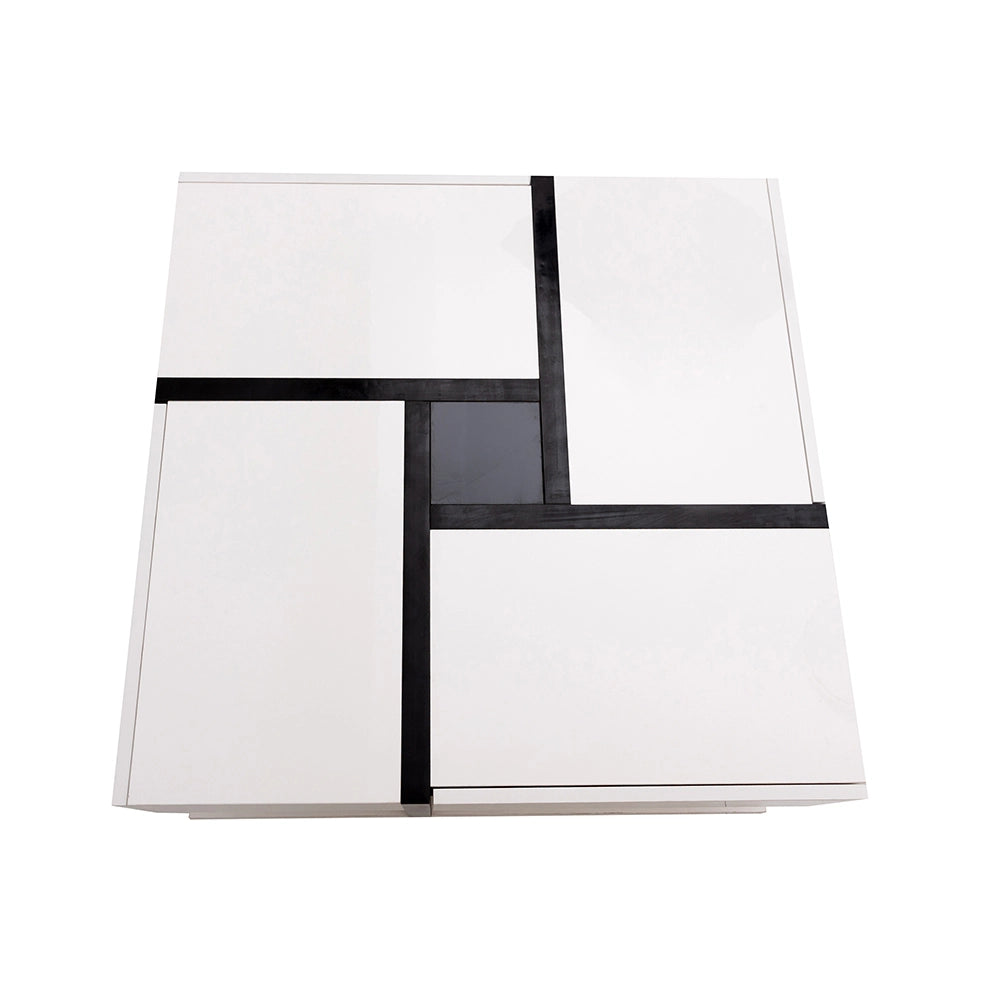 Tavolino da caffè 78x78x36 cm; 4 cassetti e ripiano inferiore; pannello truciolare bianco