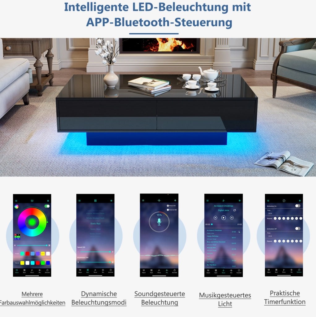 Tavolino da caffè moderno nero lucido 115 x 55 x 34 cm con 2 cassetti e LED
