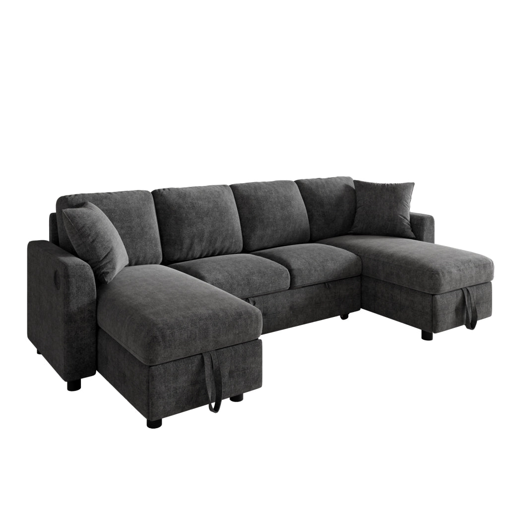 Divano letto a U in chenille con contenitore; USB e Type-C; grigio scuro; 260x128x82 cm