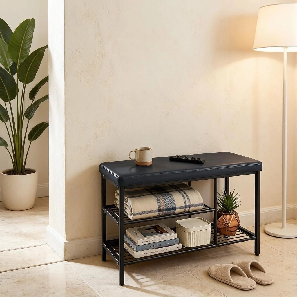 Panca portascarpe salvaspazio con seduta e 3 scomparti aperti in metallo e similpelle nera 80 × 30 × 50 cm