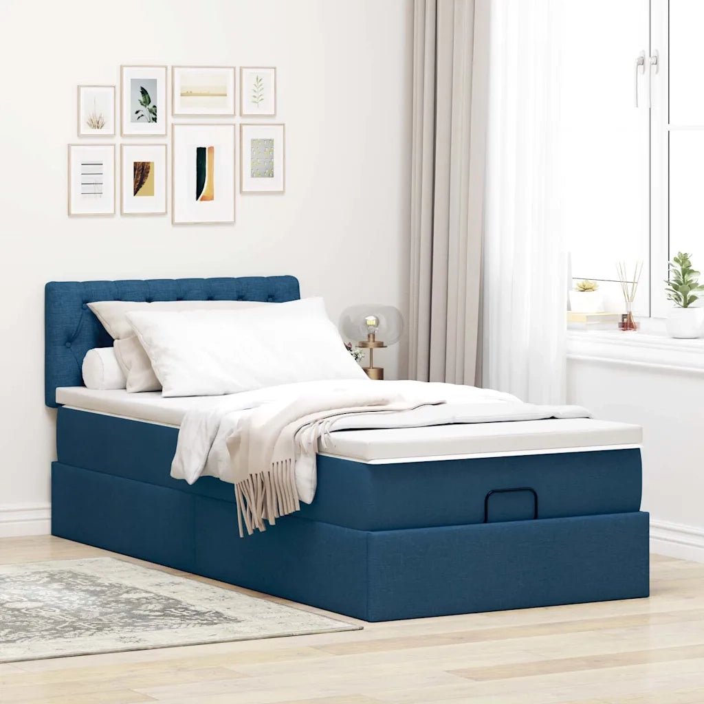 Struttura Letto Pouf con Materasso Blu 90x190 cm in Tessuto 3312359