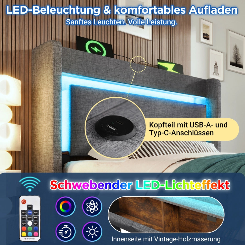 Letto imbottito 90x200 cm con contenitore; LED; prese USB e USB-C; materasso incluso; grigio