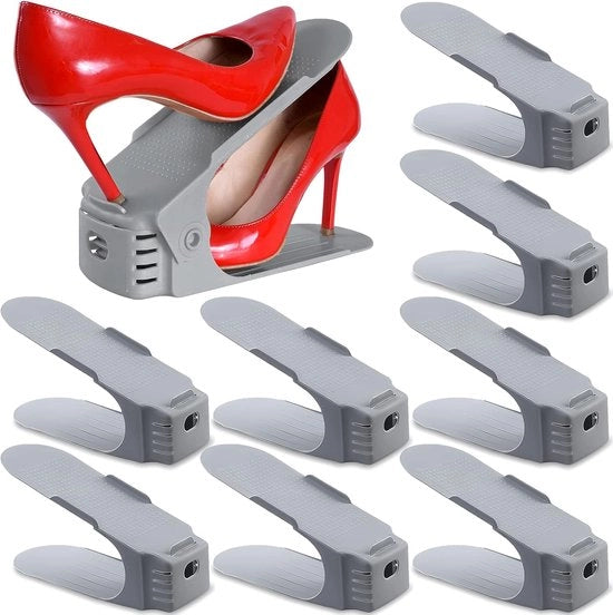 Set di 10 Rack per Scarpe Regolabili con 3 Livelli di Altezza, Non-Slittante in Plastica Grigia, Risparmio di Spazio