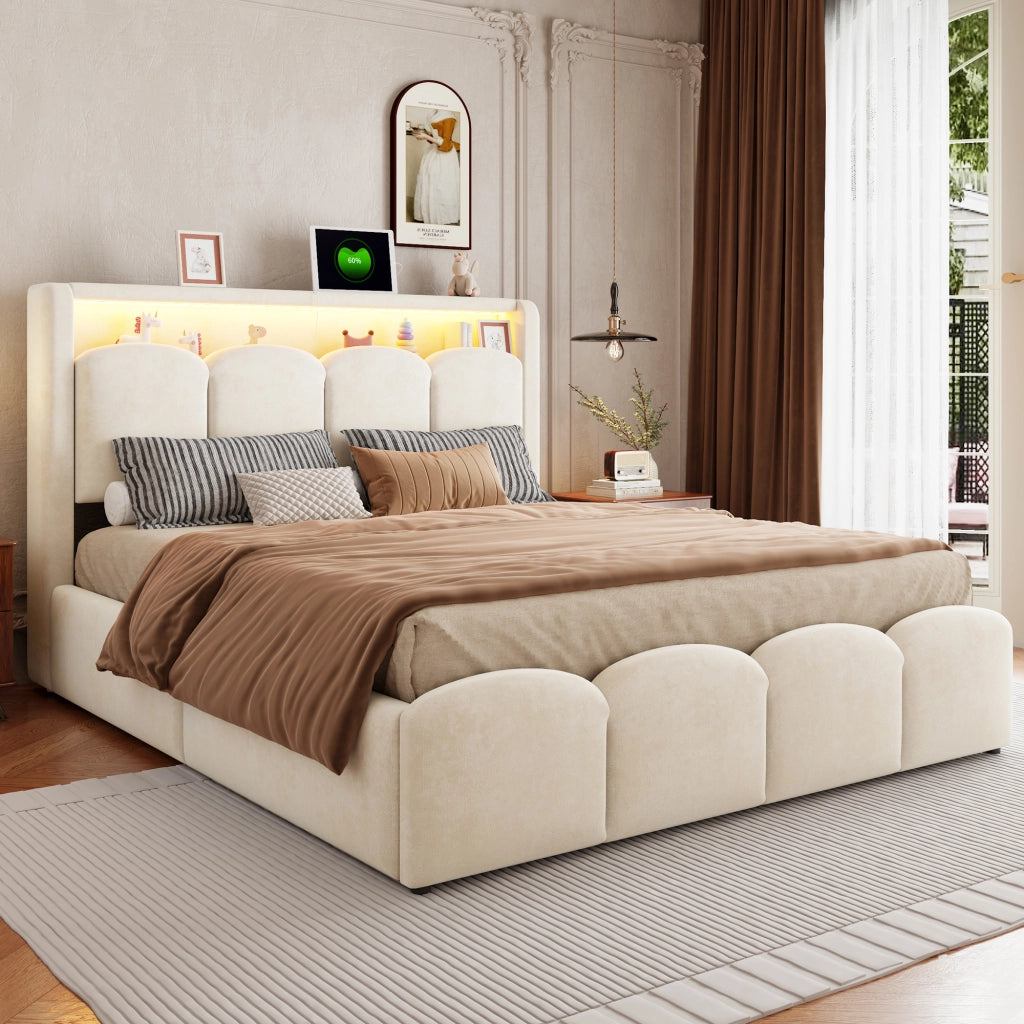 Letto imbottito con contenitore idraulico, USB-C e LED, 140x200 cm, velluto beige