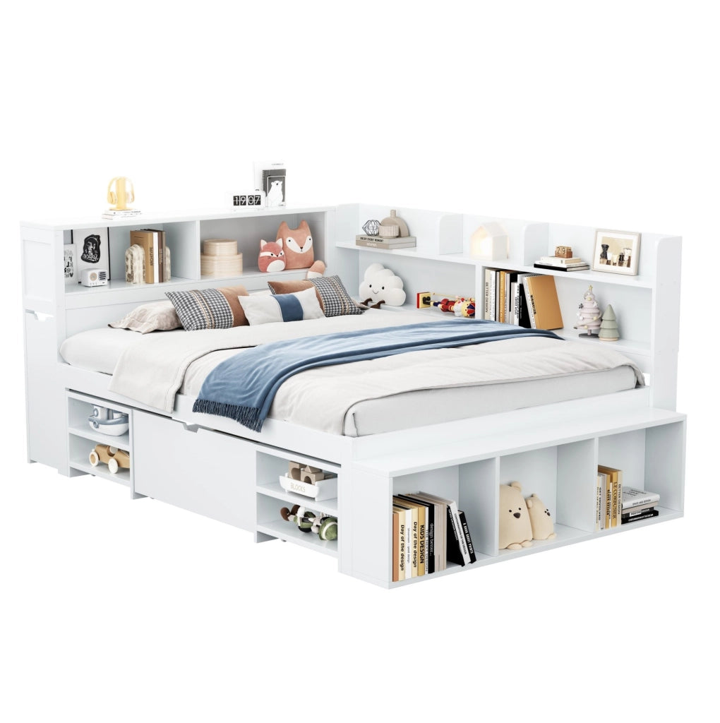 Letto singolo multifunzionale 140x200 cm con contenitori e rete a doghe; in legno multistrato bianco