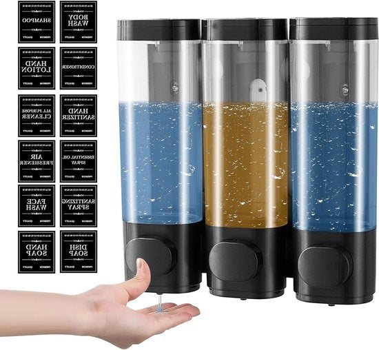 Dispensatore di sapone per parete con 3 compartimenti - 300 ml - Manuale - Montaggio a parete - Senza forare