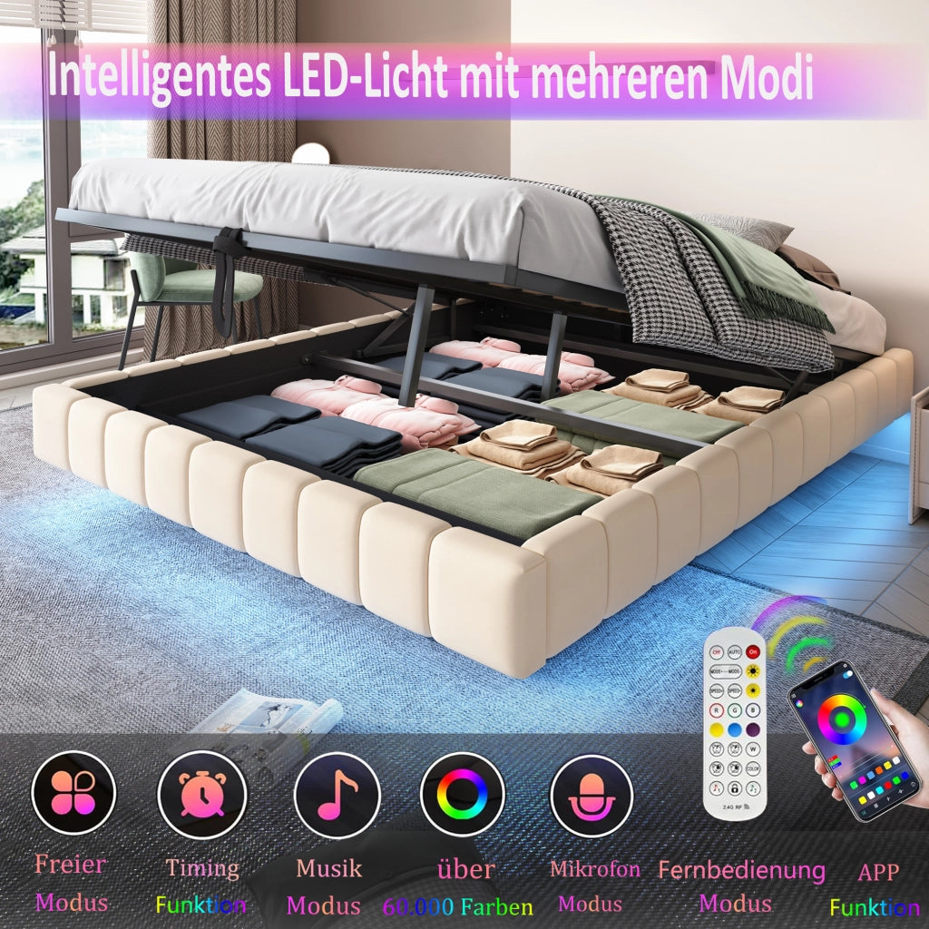 OKWISH Letto Contenitore 180×200 cm, Letto Matrimoniale con LED Regolabile e Sollevamento Idraulico, senza Materasso, in Tessuto, Beige