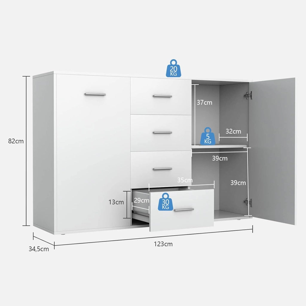 Armadio di Legno con 4 Cassetti e 2 Ante, Credenza Cassettiera di Stoccaggio con Ripiani Regolabili, Mobile Comò per Salone Camera da Letto Ingresso,123 x 34,5 x 82 cm (Bianco)