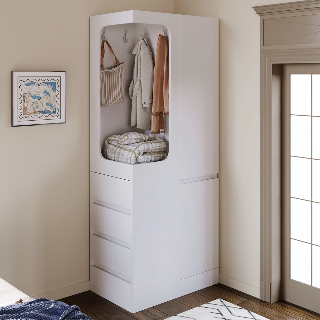 Armadio con 1 anta, 4 cassetti e vano appendiabiti aperto, per camera da letto, in legno, bianco, 70 × 40 × 170 cm