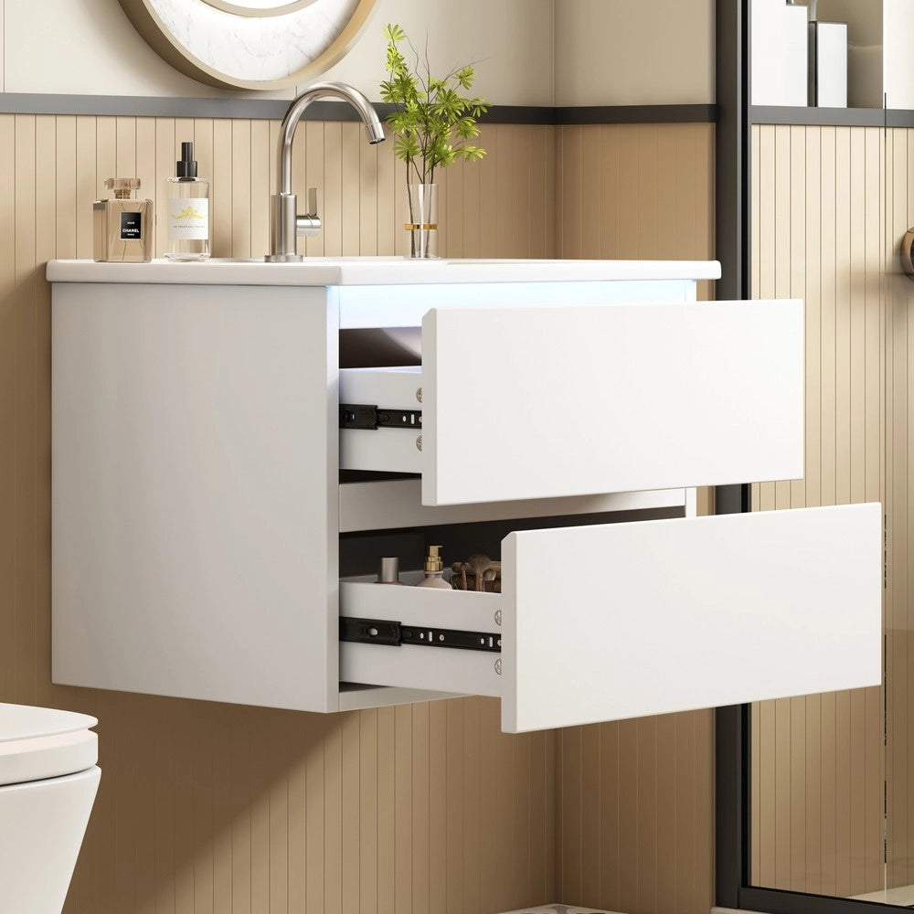 Mobile Bagno Sospeso con Lavabo Integrato e LED ¨C Xylo ¨C Bianco, 2 Cassetti, 61x46x45 cm
