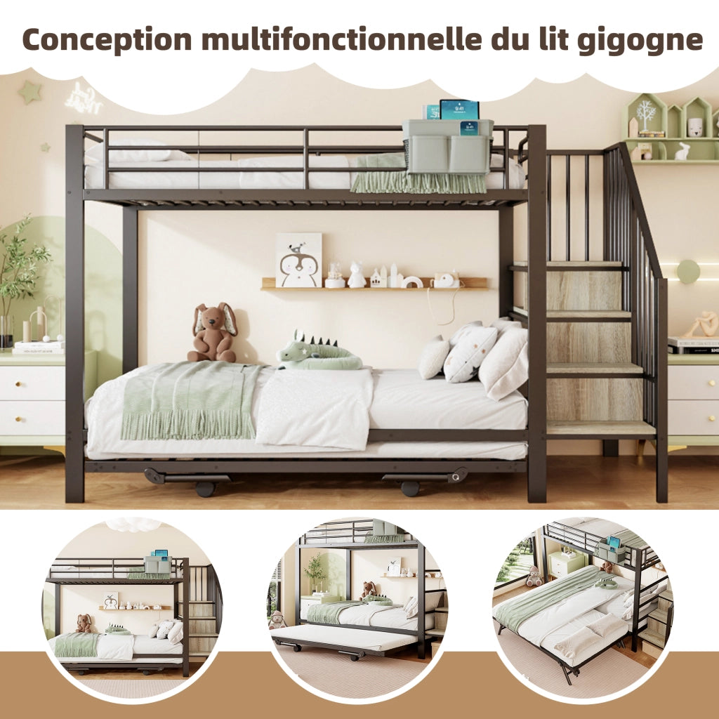 Letto a Castello 90x200 cm e 180x200 cm; con Letto Estraibile; Tasche in Tessuto; in Metallo; Nero