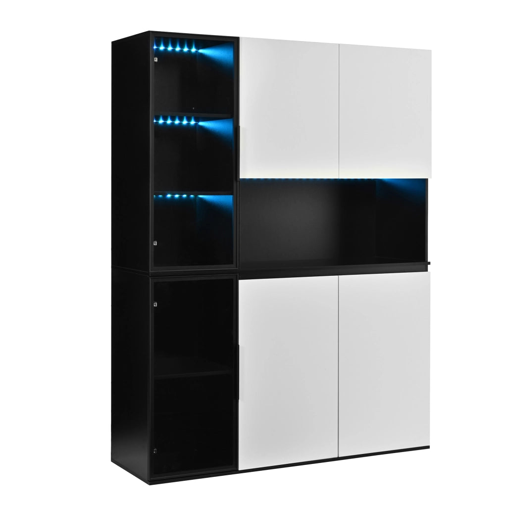 Credenza e madia con LED, 2 ante in vetro e vani contenitore, per soggiorno e sala da pranzo, 120 × 40 × 160 cm