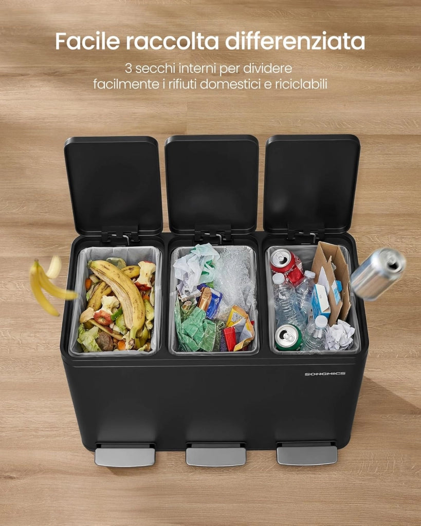 SONGMICS Pattumiera Cucina 3 x 15 L, Cestino per Raccolta Differenziata 3 Scomparti, 15 Sacchetti, Secchi Rimovibili, Coperchio, Maniglie, Chiusura Morbida, Acciaio, Nero Inchiostro LTB145BZ02