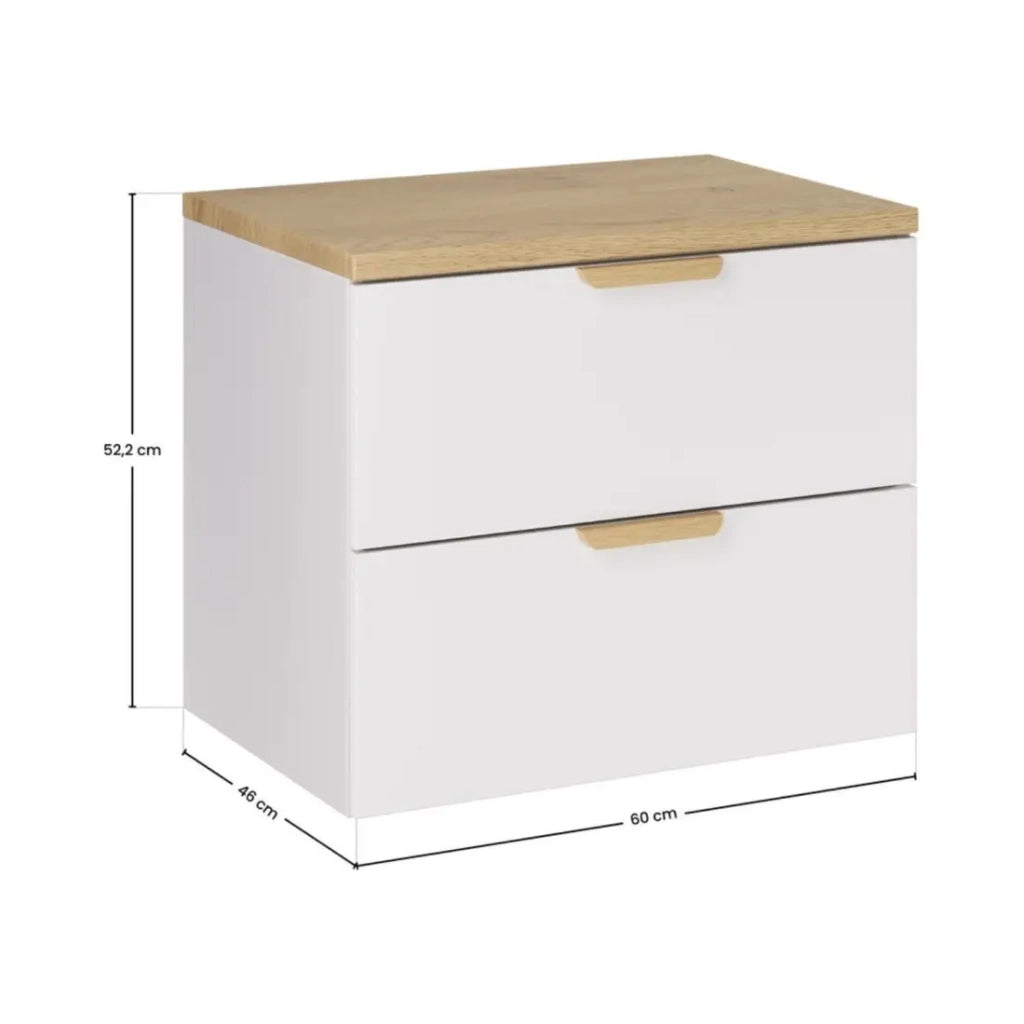 Set da bagno sospeso OSTER 60cm: mobile sotto lavabo con cassetti bianco + piano per lavabo effetto rovere chiaro